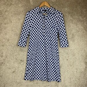 Talbots Dress Womens Size P Blue White 3/4 Sleeve Stretch Nylon Blend- 2986*